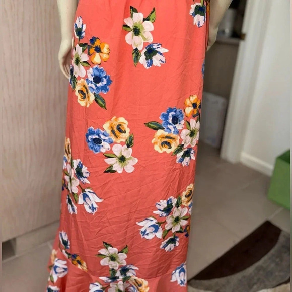 HINT OF BLUSH CORAL FLORAL PRINT OFF THE SHOULDER FAUX WRAP RUFFLE MAXI DRESS L - Picture 2 of 16